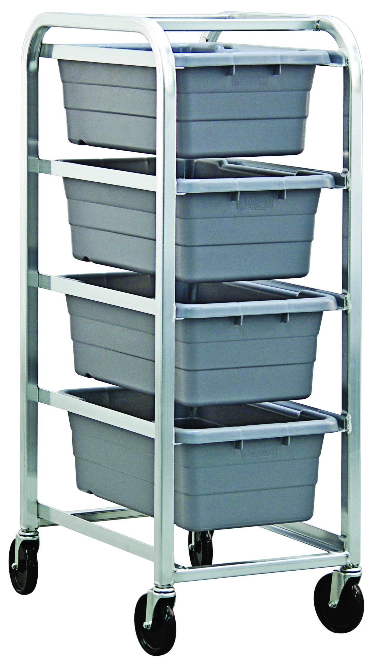 Quantum Tub Rack, Mobile. Weight Per Bin, End Loading, Holds (4) Gray Tubs, (4) 5" Swivel Polyolefin Casters