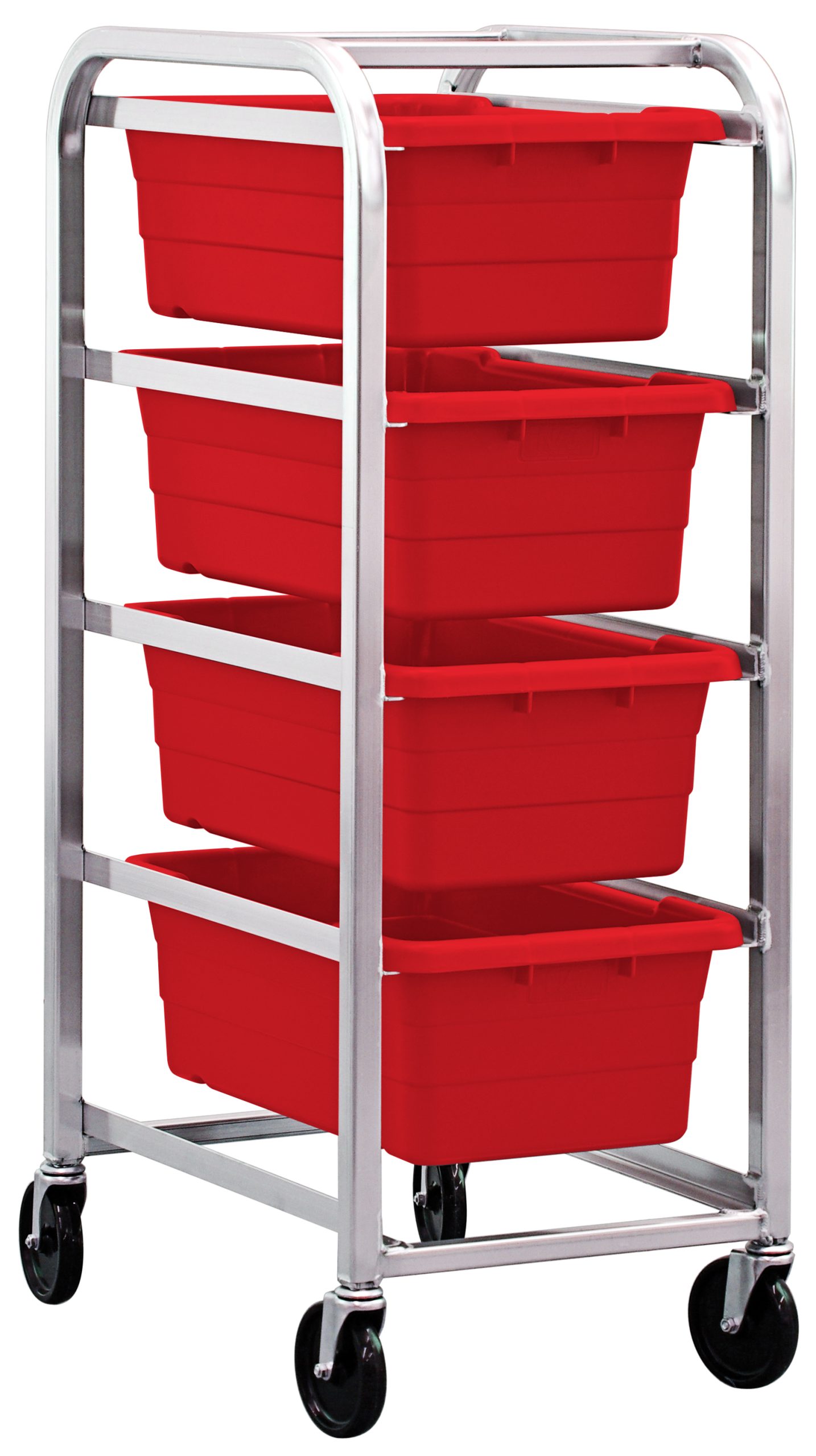 Quantum Tub Rack, Mobile. Weight Per Bin, End Loading, Holds (4) Red Tubs, (4) 5" Swivel Polyolefin Casters