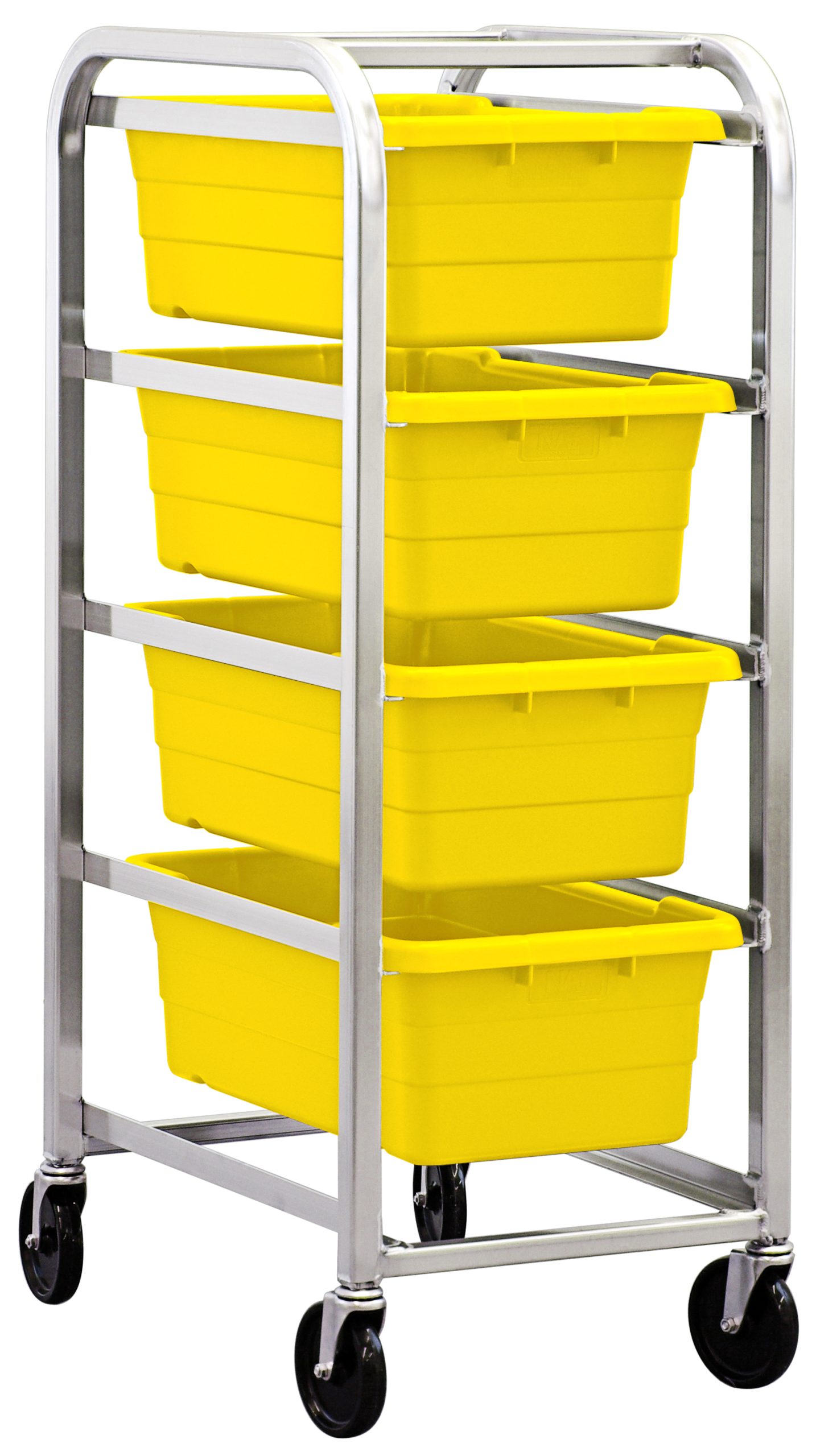 Quantum Tub Rack, Mobile. Weight Per Bin, End Loading, Holds (4) Yellow Tubs, (4) 5" Swivel Polyolefin Casters