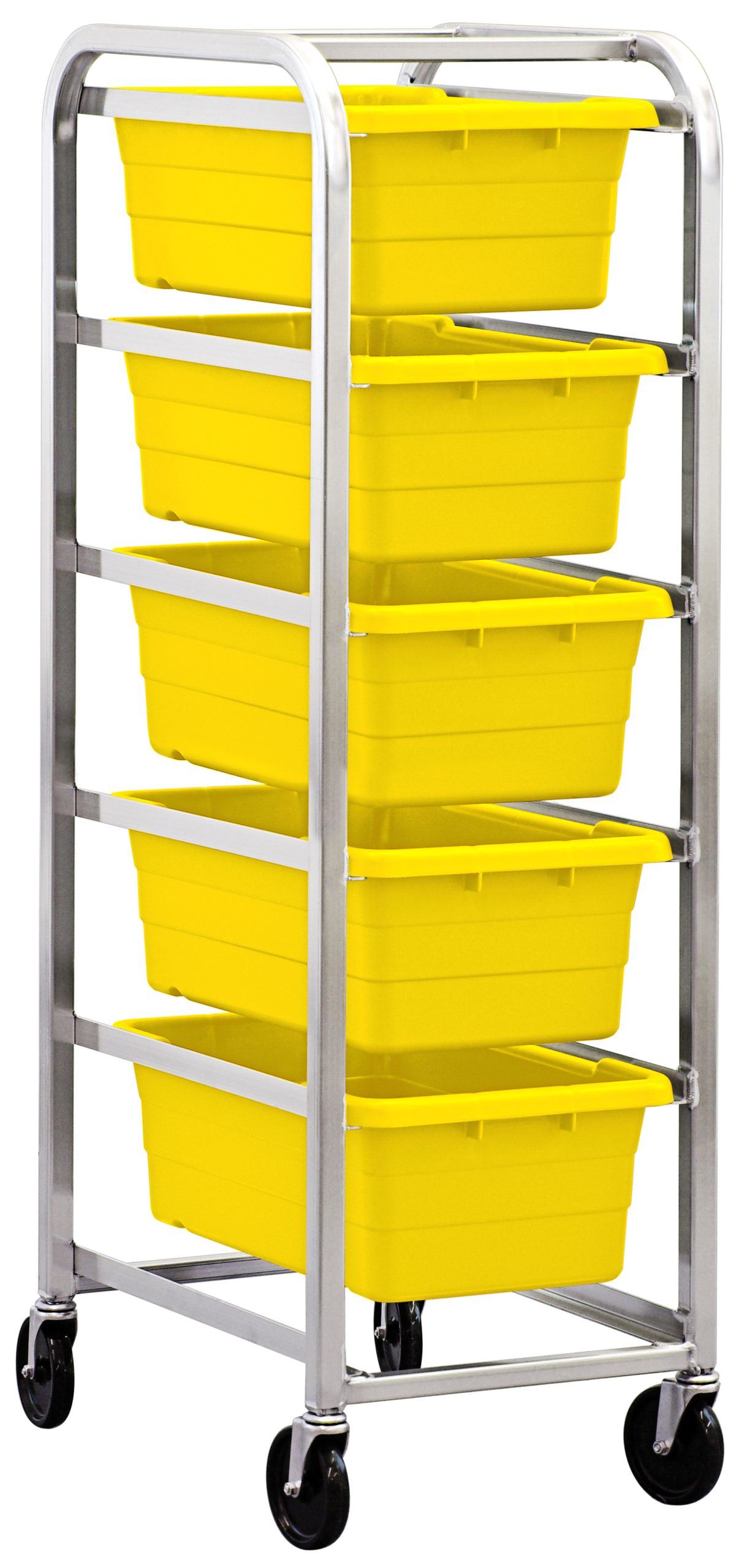 Quantum Tub Rack, Mobile. Weight Per Bin, End Loading, Holds (5) Yellow Tubs, (4) 5" Swivel Polyolefin Casters