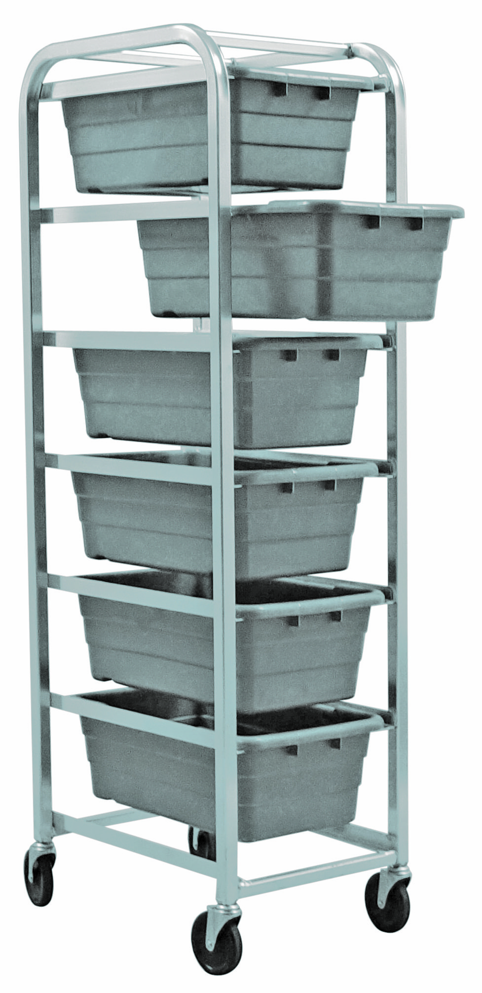 Quantum Tub Rack, Mobile. Weight Per Bin, End Loading, Holds (6) Gray Tubs, (4) 5" Swivel Polyolefin Casters