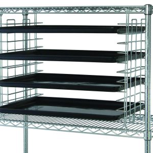 The Quantum Tray Slide features a chrome-plated, 18D wire rack with four evenly stacked black trays, offering a sleek grid design and open sides for organized storage.
