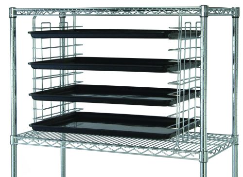 The Quantum Tray Slide features a chrome-plated, 18D wire rack with four evenly stacked black trays, offering a sleek grid design and open sides for organized storage.