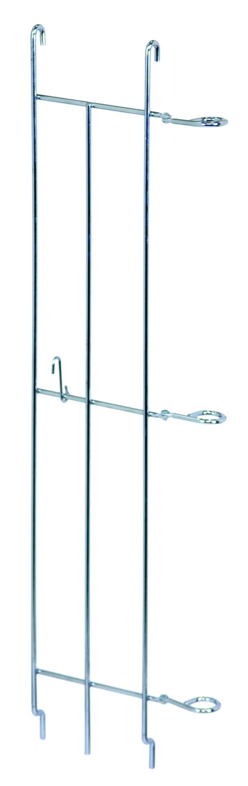 Chrome-plated Quantum Tray Slide, 32D, with 10 tray capacity; features hooks at both ends and four side loops for versatile hanging or securing. Compatible with NSF (1 pair) standards, ideal as a tray slide accessory.