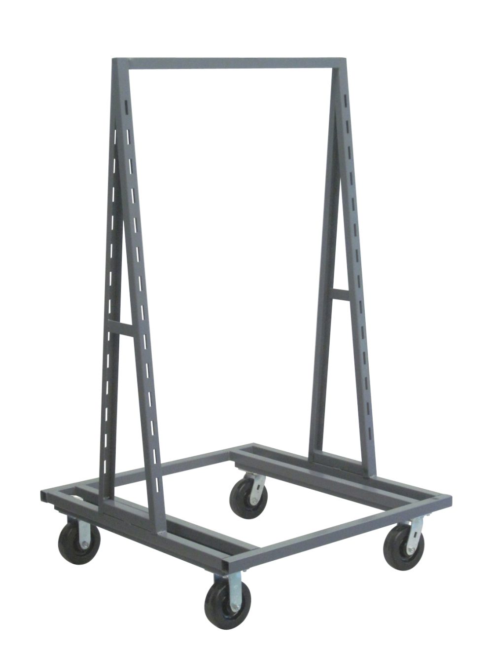 Double sided removable tray truck frame with slotted uprights on bolt-on casters