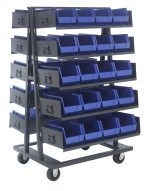 The Quantum Removable Tray Truck System is a double-sided, mobile storage rack with a sturdy blue steel frame, featuring (10) 36W x 15D open trays and (40) Qus240 black bins. Dimensions are 38W x 40D x 69H and it ships knocked down for easy assembly.