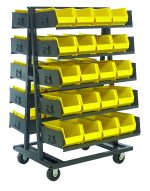 The Quantum Removable Tray Truck System is a double-sided, 38W x 40D x 69H cart with four casters for easy movement. It includes ten 36W x 15D open trays and forty QUS240 black bins with handles for organization. The yellow steel cart ships KD.