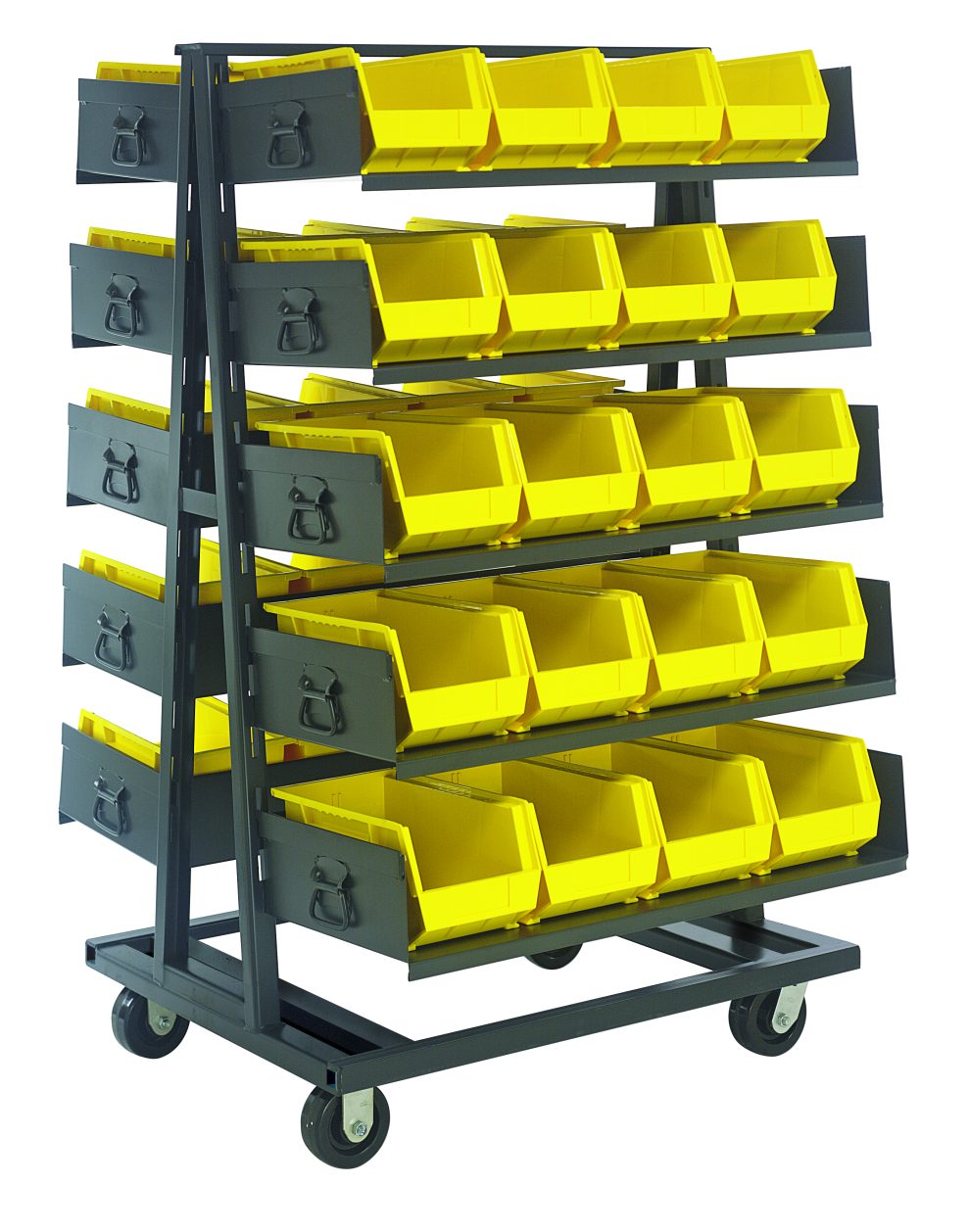Double-sided removable tray truck loaded with yellow bins