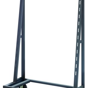 The Quantum Removable Tray Truck features a black, all-welded steel design, perfect for transporting large items. It has slotted uprights every 3-1/2, measures 38W x 24D x 67H, and boasts a 2000 lbs. capacity. Equipped with two swivel and two rigid bolt-on casters, it ensures easy mobility.