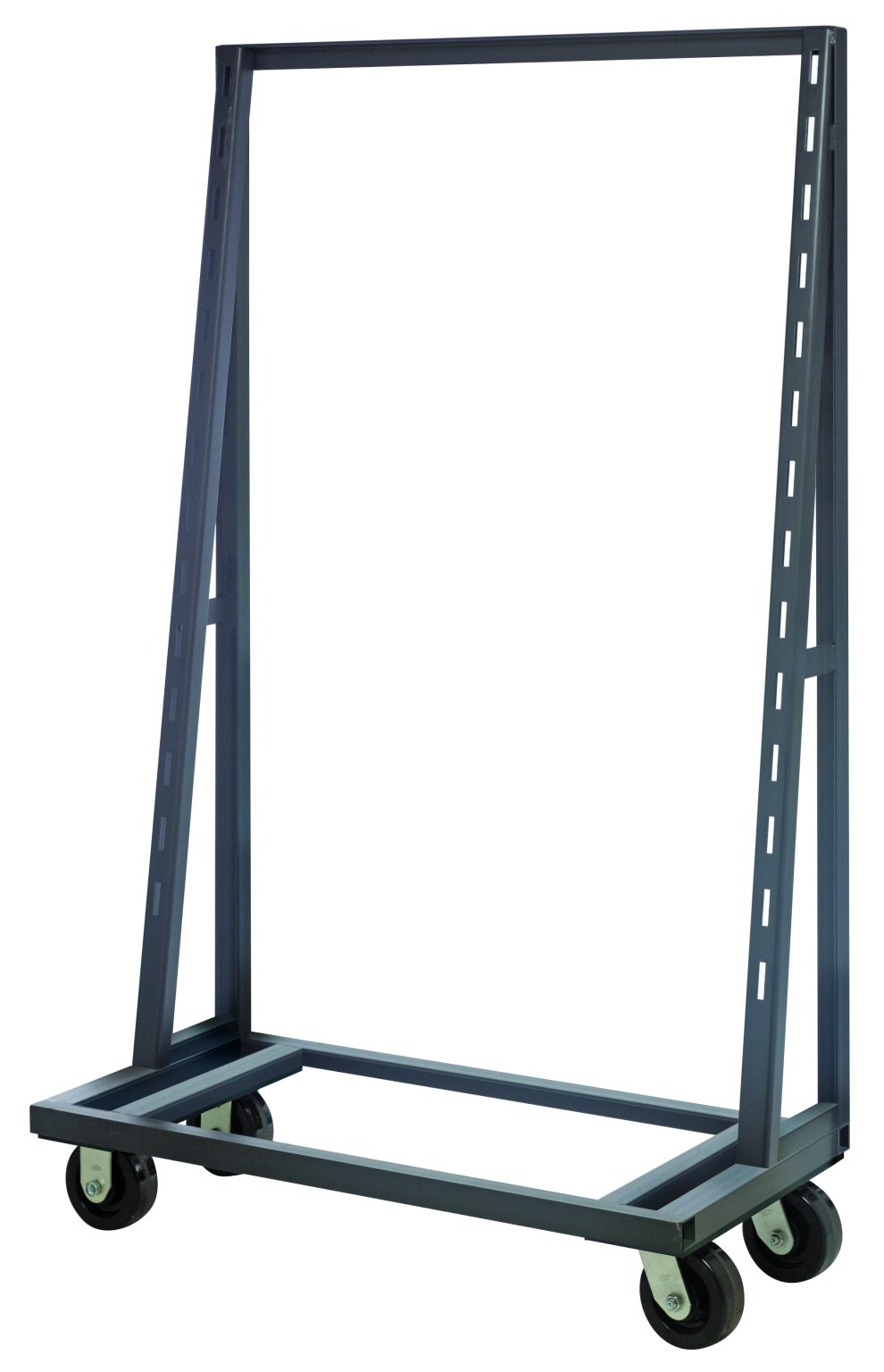Single sided removable tray truck with slotted uprights and bolt-on casters