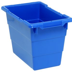 The Quantum Cross Stack Tub, made in the USA from blue polypropylene, has a 5.51-gallon capacity and features built-in handle grips, bottom grooves for cross stacking, and a 1/4 drill hole pattern on the bottom.