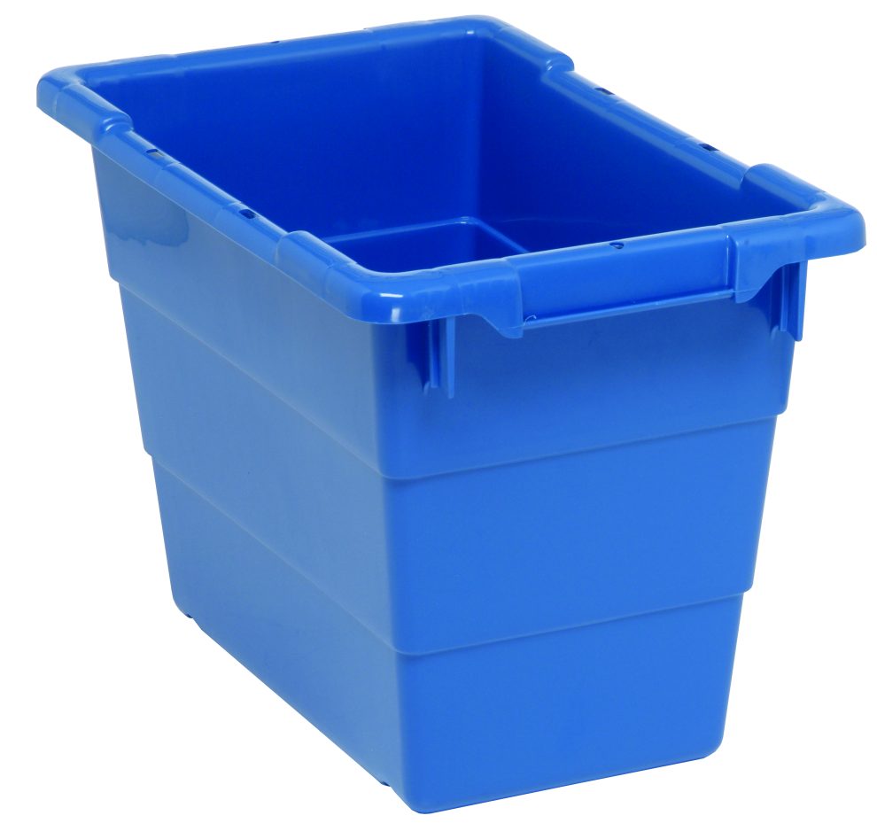 Blue cross-stack tub with moulded hand grips