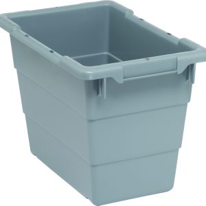 Check out the Quantum Cross Stack Tub, a 5.51-gallon light gray polypropylene storage bin with a 100 lb. weight capacity. It features built-in handle grips and bottom grooves for easy stacking, ensuring durability with its reinforced rim and smooth surface. Made in the USA.