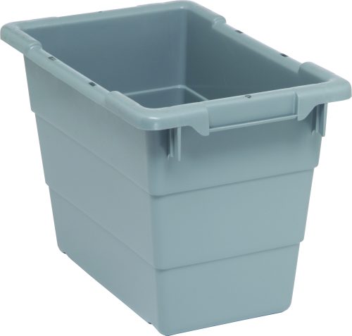 Check out the Quantum Cross Stack Tub, a 5.51-gallon light gray polypropylene storage bin with a 100 lb. weight capacity. It features built-in handle grips and bottom grooves for easy stacking, ensuring durability with its reinforced rim and smooth surface. Made in the USA.