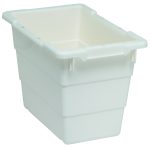 The Quantum Cross Stack Tub is a white, rectangular polypropylene storage bin with a 5.51-gallon capacity and 100 lb. weight capacity. It features reinforced edges, built-in handle grips, slightly tapered sides, and bottom grooves for cross-stacking efficiency. Made in the USA.