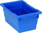 The Quantum Cross Stack Tub is a blue polypropylene storage bin with built-in handle grips and bottom grooves for stacking. It has a 3.85-gallon capacity, supports up to 100 lbs., and features a 1/4 drill hole pattern on the bottom, offering sturdy utility. Made in the USA.