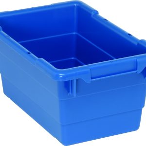 The Quantum Cross Stack Tub is a blue polypropylene storage bin with built-in handle grips and bottom grooves for stacking. It has a 3.85-gallon capacity, supports up to 100 lbs., and features a 1/4 drill hole pattern on the bottom, offering sturdy utility. Made in the USA.