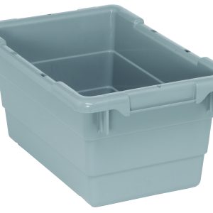 The Quantum Cross Stack Tub is a large, gray polypropylene storage bin with a 3.85-gallon capacity and 100 lb. weight limit. It features reinforced edges, built-in handle grips, bottom grooves for cross stacking, and a spacious open top for organizing or storing items. Made in the USA.