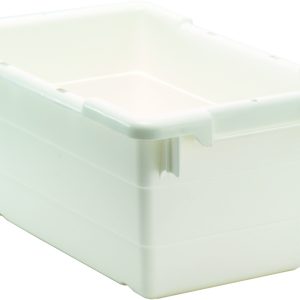 The Quantum Cross Stack Tub, made in the USA from white polypropylene, features built-in handle grips and bottom grooves for cross stacking. With a 3.85-gallon and 100 lb. capacity, it has a simple rectangular design ideal for utility against a plain background.