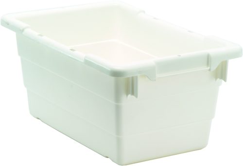 The Quantum Cross Stack Tub, made in the USA from white polypropylene, features built-in handle grips and bottom grooves for cross stacking. With a 3.85-gallon and 100 lb. capacity, it has a simple rectangular design ideal for utility against a plain background.
