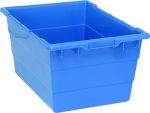 The Quantum Cross Stack Tub, made in the USA from blue polypropylene, features a 14.38-gallon capacity and 100 lb weight limit. It includes built-in handle grips, bottom grooves for cross stacking, and a 1/4 drill hole pattern, making it ideal for secure item storage and organization.