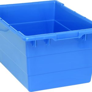 The Quantum Cross Stack Tub, made in the USA from blue polypropylene, features a 14.38-gallon capacity and 100 lb weight limit. It includes built-in handle grips, bottom grooves for cross stacking, and a 1/4 drill hole pattern, making it ideal for secure item storage and organization.