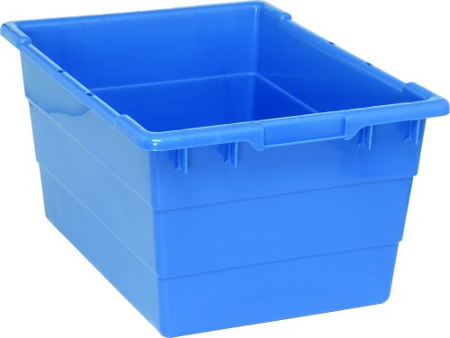 The Quantum Cross Stack Tub, made in the USA from blue polypropylene, features a 14.38-gallon capacity and 100 lb weight limit. It includes built-in handle grips, bottom grooves for cross stacking, and a 1/4 drill hole pattern, making it ideal for secure item storage and organization.