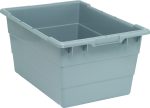 The Quantum Cross Stack Tub is a gray polypropylene rectangular bin with a 14.38-gallon capacity, supporting up to 100 lbs. It has bottom grooves for cross stacking, built-in front handle grips for easy lifting, and reinforced edges. Crafted in the USA with a slightly textured surface and 1/4 drill holes on the bottom.