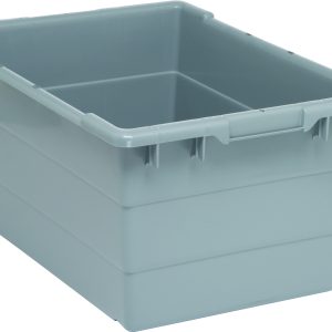 The Quantum Cross Stack Tub is a gray polypropylene rectangular bin with a 14.38-gallon capacity, supporting up to 100 lbs. It has bottom grooves for cross stacking, built-in front handle grips for easy lifting, and reinforced edges. Crafted in the USA with a slightly textured surface and 1/4 drill holes on the bottom.