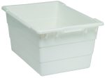 The Quantum Cross Stack Tub in white polypropylene features built-in handle grips, bottom grooves for cross stacking, and a 14.38-gallon capacity with a 100 lb. weight limit. It has smooth sides with slightly raised edges and a 1/4 drill hole pattern on the bottom for enhanced functionality. Made in the USA.