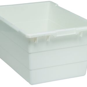 The Quantum Cross Stack Tub in white polypropylene features built-in handle grips, bottom grooves for cross stacking, and a 14.38-gallon capacity with a 100 lb. weight limit. It has smooth sides with slightly raised edges and a 1/4 drill hole pattern on the bottom for enhanced functionality. Made in the USA.
