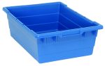 Meet the Quantum Cross Stack Tub: a blue polypropylene bin with built-in handle grips. Offering a 9.81-gallon capacity and holding up to 100 lbs, its bottom grooves allow for cross stacking. Made in the USA, its perfect for heavy-duty storage and organization.