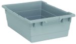 The Quantum Cross Stack Tub, made in the USA from gray polypropylene, holds 9.81 gallons and supports up to 100 lbs. It features built-in handles, bottom grooves for cross stacking, a rectangular shape with reinforced edges and slightly raised sides ideal for organizing or storing efficiently.