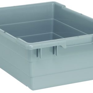 The Quantum Cross Stack Tub, made in the USA from gray polypropylene, holds 9.81 gallons and supports up to 100 lbs. It features built-in handles, bottom grooves for cross stacking, a rectangular shape with reinforced edges and slightly raised sides ideal for organizing or storing efficiently.