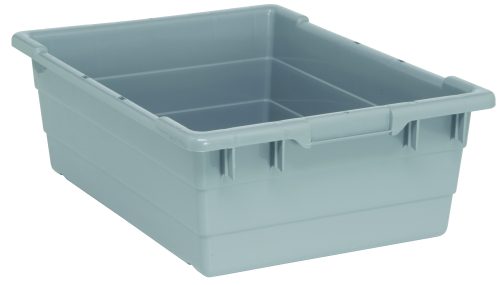 TUB2417-8_GY.jpg The Quantum Cross Stack Tub, made in the USA from gray polypropylene, holds 9.81 gallons and supports up to 100 lbs. It features built-in handles, bottom grooves for cross stacking, a rectangular shape with reinforced edges and slightly raised sides ideal for organizing or storing efficiently.