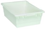 The Quantum Cross Stack Tub has a 9.81-gallon capacity and 100 lb. weight limit, featuring built-in handle grips, bottom grooves for cross-stacking, and a 1/4 drill hole pattern on the bottom. Made in the USA from white polypropylene, its open top design is sturdy for organizing items against a plain background.