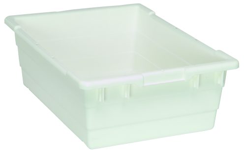 The Quantum Cross Stack Tub has a 9.81-gallon capacity and 100 lb. weight limit, featuring built-in handle grips, bottom grooves for cross-stacking, and a 1/4 drill hole pattern on the bottom. Made in the USA from white polypropylene, its open top design is sturdy for organizing items against a plain background.