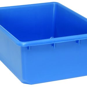 The Quantum Quantub Nesting Tote can hold up to 100 lbs and features smooth, tapered sides, bottom grooves for cross stacking, and built-in handles. Made in the USA from blue polypropylene, it has a glossy rectangular shape with a 1/4 drill hole pattern on the bottom.