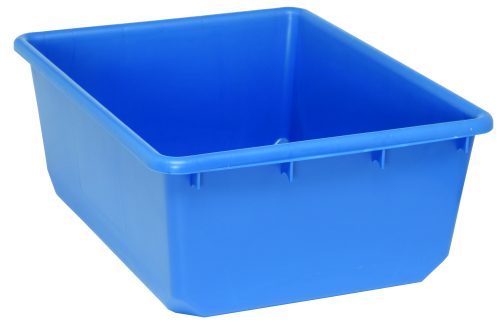 TUB2419-9_BL.jpg The Quantum Quantub Nesting Tote can hold up to 100 lbs and features smooth, tapered sides, bottom grooves for cross stacking, and built-in handles. Made in the USA from blue polypropylene, it has a glossy rectangular shape with a 1/4 drill hole pattern on the bottom.