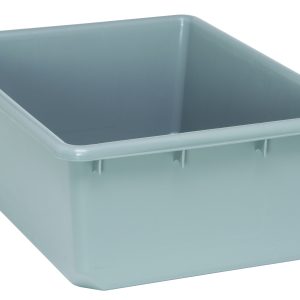 The Quantum QuanTub Nesting Tote is a large, gray polypropylene storage bin with high walls, built-in handle grips, and a slightly raised rim. It holds up to 100 lb., features bottom grooves for cross stacking, and includes a 1/4 drill hole pattern. Made in the USA.