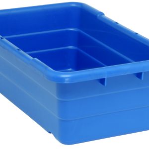 A Quantum Cross Stack Tub, blue and made in the USA from polypropylene, holds 5.51 gallons and supports up to 100 lbs. It features smooth sides with built-in handle grips and bottom grooves for cross stacking, resting empty against a white background.