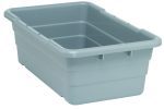 The Quantum Cross Stack Tub is a light gray, rectangular, polypropylene storage bin with rounded edges and reinforced corners. It features a 5.51-gallon capacity, 100 lb. weight capacity, built-in handle grips, bottom grooves for cross stacking, and a stackable design for efficient storage solutions. Made in the USA.
