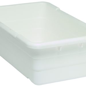 The Quantum Cross Stack Tub is a large, rectangular white bin made in the USA from polypropylene. It features smooth sides with slightly rounded edges, bottom grooves for cross stacking, built-in handle grips, a 1/4 drill hole pattern on the bottom, and can easily handle a 100 lb. capacity.