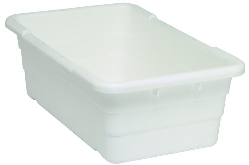 The Quantum Cross Stack Tub is a large, rectangular white bin made in the USA from polypropylene. It features smooth sides with slightly rounded edges, bottom grooves for cross stacking, built-in handle grips, a 1/4 drill hole pattern on the bottom, and can easily handle a 100 lb. capacity.