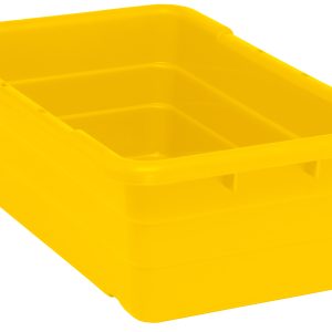 The Quantum Cross Stack Tub is a yellow 5.51-gallon polypropylene storage bin with a 100 lb. capacity, built-in handle grips, and bottom grooves for cross stacking, making it ideal for organizing or storing items. Made in the USA, it features a smooth surface and slightly tapered sides.