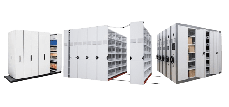 Mobile shelving units for School District Offices or Office Storage. Three white units with varying configurations offer efficient file and document storage, maximizing space.