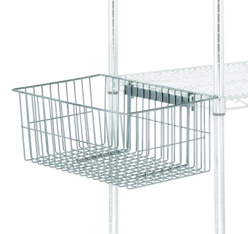 The Quantum Utility Basket, measuring 11-1/4W x 18-7/8D x 7-5/8H with a chrome-plated finish, is attached to a metal shelving unit. This rectangular basket is mounted on the side and stands out against the solid white background, showcasing its sleek design.