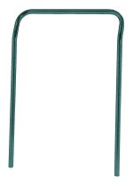 The Quantum U-Handle, measuring 21W x 32H, boasts a green metal frame with an antimicrobial epoxy finish, featuring two vertical legs and a curved top bar reminiscent of a handrail against the plain white background.
