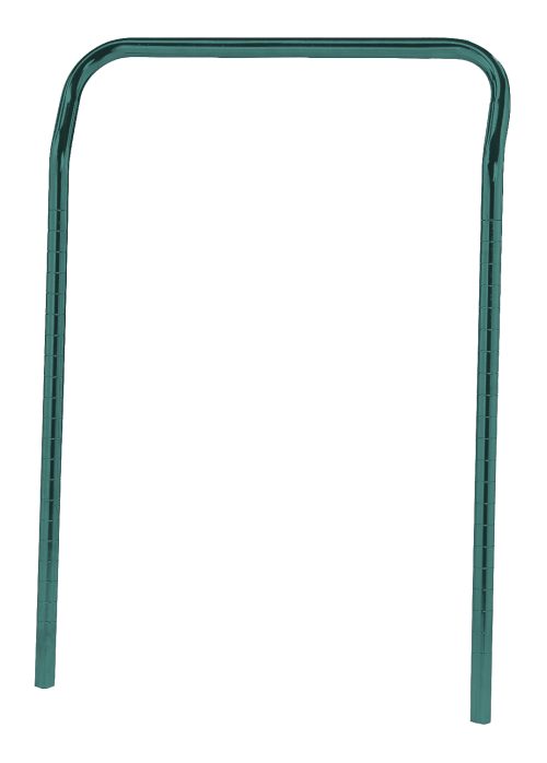 The Quantum U-Handle, measuring 21W x 32H, boasts a green metal frame with an antimicrobial epoxy finish, featuring two vertical legs and a curved top bar reminiscent of a handrail against the plain white background.