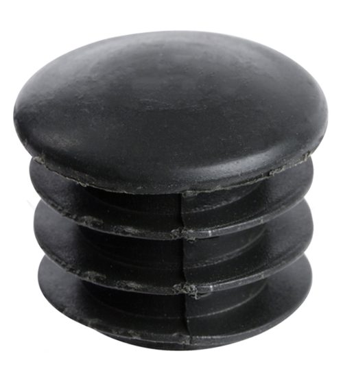The Quantum Plastic Post Cap (4 Pack) consists of black caps with round, smooth tops and ribbed sides, designed for easy insertion into tubular objects.